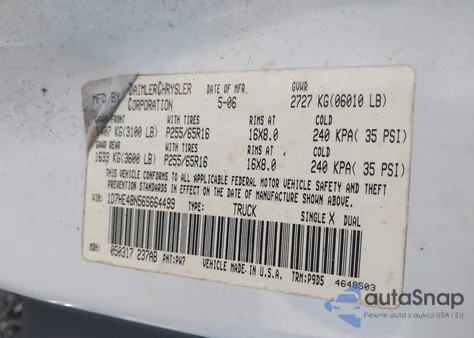 2006 Dodge Dakota Slt z USA, uszkodzony, nr VIN 1D7HE48N56S664499